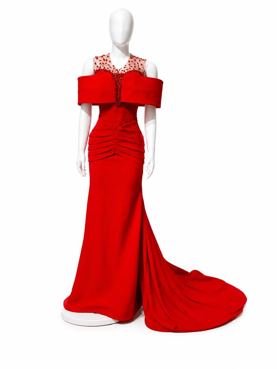 Red Beaded Off-Shoulder Gown
