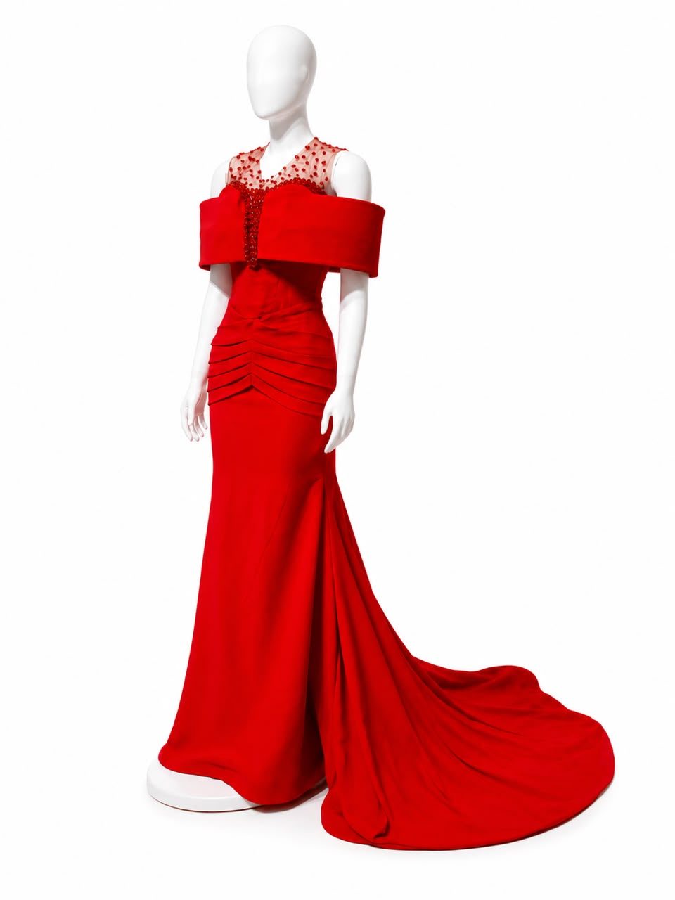 Red Beaded Off-Shoulder Gown